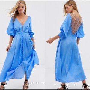 NWT Free People Blue Satin Cut Out Midi Dress